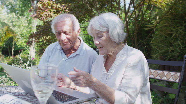 Cheerful senior couple relaxing in the garden with computer and glass of wine