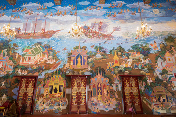 Traditional Thai mural painting the Life of Buddha and Thai life © mai111