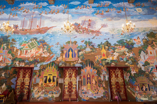 Traditional Thai mural painting the Life of Buddha and Thai life