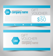 Gift card voucher. Business banner template. Blue color.
