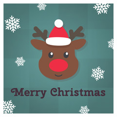 Fototapeta na wymiar Cute christmas character. Reindeer vector illustration on christmas background with snowflakes and text Merry Christmas