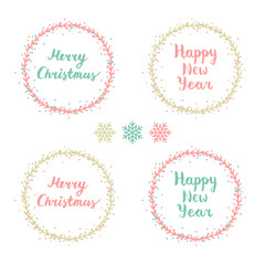 Merry Christmas and Happy New Year lettering. Set of hand drawn wreath with lettering inside. Winter decoration elements for design greeting cards, invitations and more.