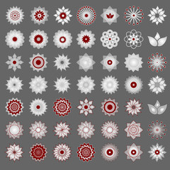 Pack of 49 transparent light red and white abstract geometric flowers logo template on grey background. Business abstract icon. Use for logo, sign, symbol, web, label, icon. Vector illustration
