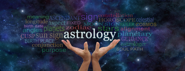 Astrology Website Header - deep space dark blue background with a pair of female hands reaching up...