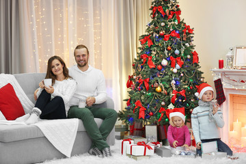 Christmas family portrait in home holiday living room