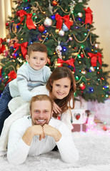 Christmas family portrait in home holiday living room