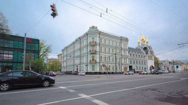 Building and church on Prospect Mira Street in Moscow timelapse hyperlapse
