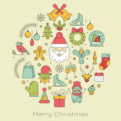 Design element for postcard, invitation or banner with different Christmas symbols made in line style vector