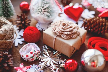 Christmas and New year background with presents, ribbons, balls