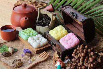 Mochi japanese dessert and hot tea delicious.