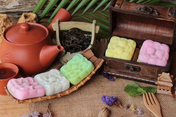 Mochi japanese dessert and hot tea delicious.