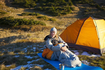 Fototapeta premium Girl in a sleeping bag.