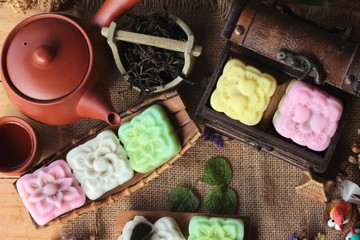 Mochi japanese dessert and hot tea delicious.