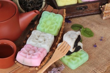 Mochi japanese dessert and hot tea delicious.