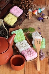Mochi japanese dessert and hot tea delicious.