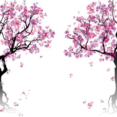 Colorful abstract blooming trees. Template with place for inscription. Spring background. Watercolor imitation. Vector, EPS 10.