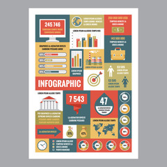 Business infographic - mosaic poster with icons in flat design style. Vector icons set. Business flat illustrations and infographics. Business infographic template. Infographics design elements.