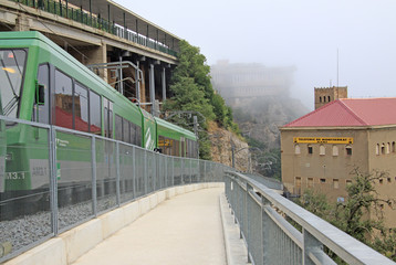 MONTSERRAT, SPAIN - AUGUST 28, 2012: The station "Montserrat-Aeri" of a cableway and the Montserrat rack railway train Cremallera, Montserrat, Catalonia, Spain