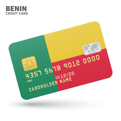 Credit card with Benin flag background for bank, presentations and business. Isolated on white