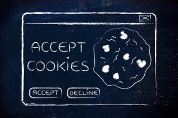 flat illustraion of a funny pop-up about browser cookies - obrazy, fototapety, plakaty