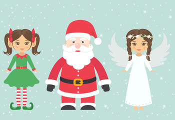 christmas angel and girl elf and santa claus