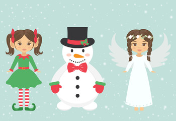christmas angel and girl elf and snowman