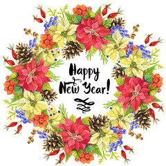 Illustration with watercolor floral wreath. Happy new year.