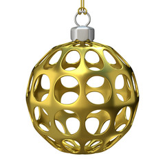 Gold perforated Christmas ball. 3D render illustration isolated on white background
