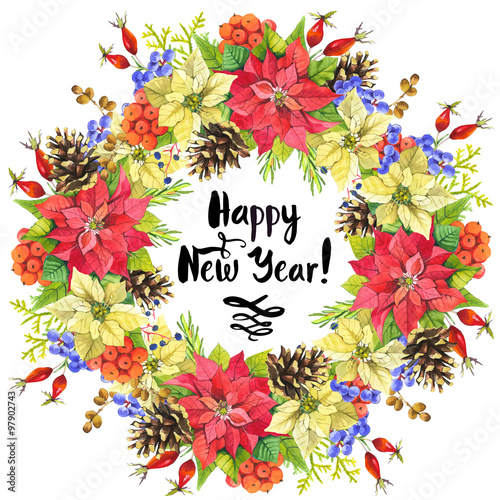 "Illustration with watercolor floral wreath. Happy new year." Stock