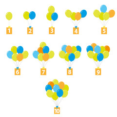 set of  numbered birthday party balloons  with numbers 1-10 on white background