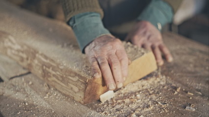 Hand of old masters on board from oak sawdust - Powered by Adobe