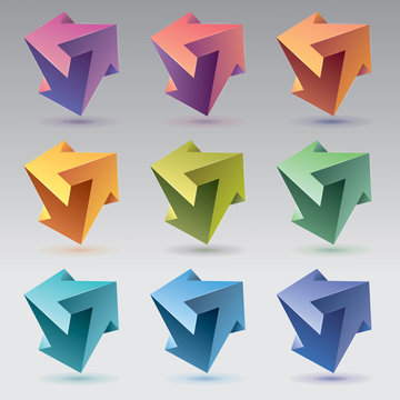 9 Impossible shapes, 3 arrows, unreal crystals. Abstract vector objects, color set