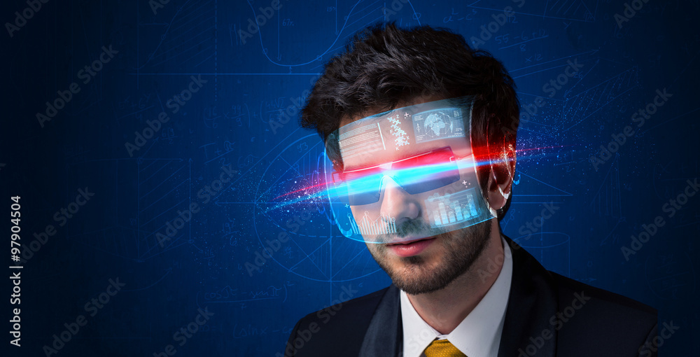 Poster man with future high tech smart glasses