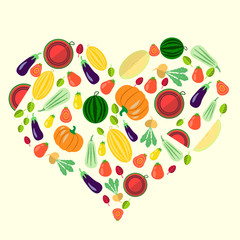 set of  vegetables in the form of heart