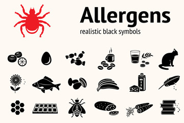 Medical allergy icon set. Food and common allergens symbols. Fish cat insect sweets mushroom dust bee fruit flower citrus hackle egg milk cheese carrot bread book. Vector