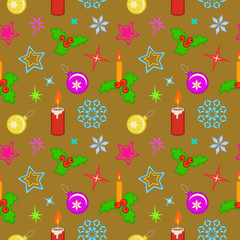 Seamless christmas pattern. Colored holly berry, candles, light, balls, stars, snowflakes on gold background. Winter theme texture. Vector