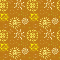 Christmas seamless pattern. Light color snowflake signs on bright, orange, yellow, gold background. Winter theme retro texture. Snow and sun. Vector illustration