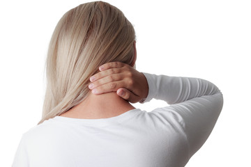 woman holding the neck isolated on white background. meningitis - obrazy, fototapety, plakaty