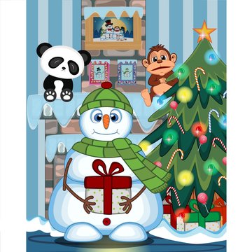 Snowman With Mustache Wearing Green Head Cover And Green Scarf with christmas tree and fire place Vector Illustration