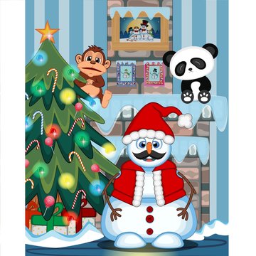 Snowman With Mustache Wearing A Santa Claus Costume with christmas tree and fire place Illustration