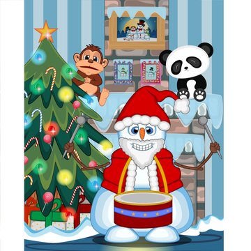 Snowman Playing Drums Wearing A Santa Claus Costume with christmas tree and fire place Illustration
