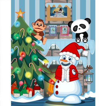 Snowman With A Lantern And Wearing A Santa Claus costume with christmas tree and fire place Illustration