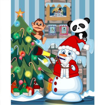 Snowman Wearing A Santa Claus Costume Blowing Horns with christmas tree and fire place Illustration