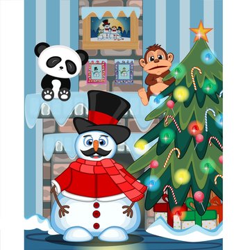 Snowman With Mustache Wearing A Hat, Red Sweater And Red Scarf with christmas tree and fire place Illustration