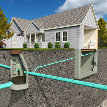 A schematic section-view illustration of a contemporary Sanitary Sewer System depicting a residential connection to a public sanitary structure.