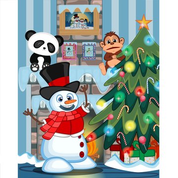 Snowman Wearing A Hat, Red Sweater And A Red Scarf with christmas tree and fire place Illustration