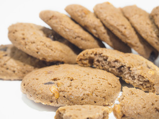 Chocolate chip cookie on white background