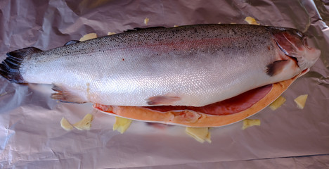 big salmon prepared for cooking