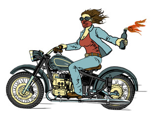 Fototapeta na wymiar woman on a motorcycle in a blue suit with a fire on a white background