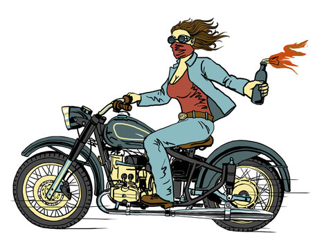 woman on a motorcycle in a blue suit with a fire on a white background